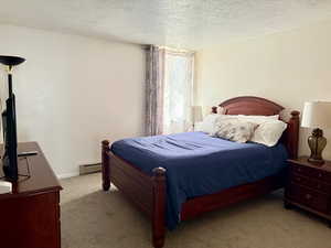 Bedroom featuring carpet flooring, a baseboard heating unit, and a textured ceiling