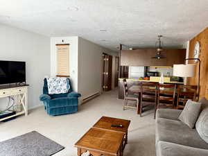 Carpeted living area featuring a baseboard radiator, baseboards, and a textured ceiling