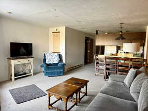 Carpeted living room featuring baseboards, a baseboard heating unit, and a textured ceiling