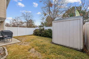 View of yard with a storage shed and a patio