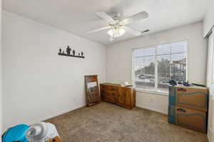 Misc room with light colored carpet and ceiling fan