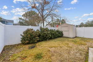 View of backyard with a storage unit