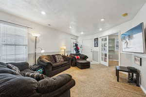 Living room with light carpet