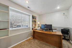 Office featuring carpet flooring and built in features