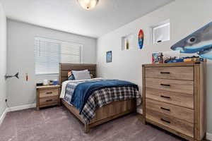 Bedroom featuring light carpet, extra windows, and a textured ceiling