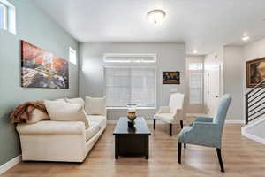 Living area featuring light wood laminate flooring and lots of natural light