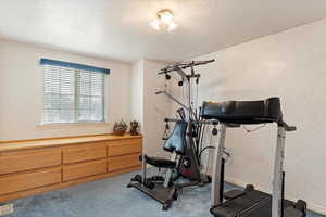 Workout room featuring light carpet and a textured ceiling