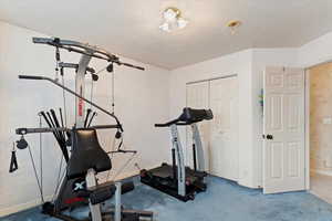 Workout area with carpet floors and a textured ceiling