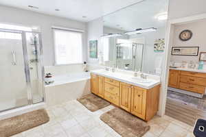 Bathroom with plus walk in shower, plenty of natural light, and vanity