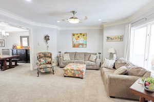 Carpeted living room featuring crown molding and ceiling fan with notable chandelier