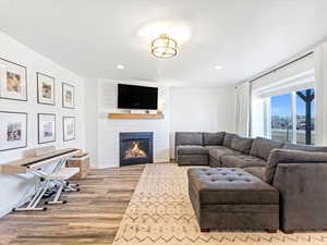 Living room with wood-type flooring and a large fireplace