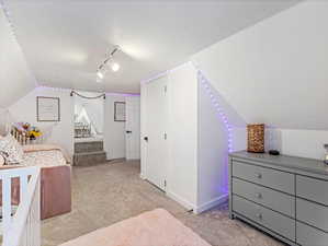 Bedroom with track lighting, lofted ceiling, light carpet, and a textured ceiling