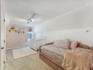 Bedroom with rail lighting, baseboard heating, carpet flooring, a textured ceiling, and vaulted ceiling