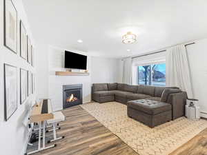 Living room featuring hardwood / wood-style flooring and a fireplace