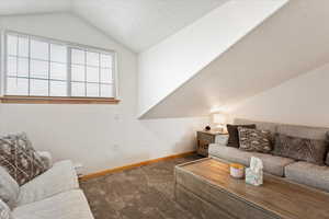 Carpeted living room featuring lofted ceiling and a textured ceiling