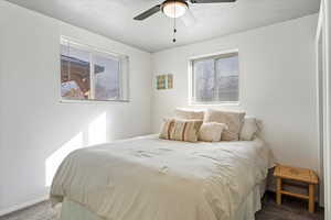 Carpeted bedroom with ceiling fan