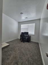 Carpeted home office featuring baseboards, visible vents, and a textured ceiling