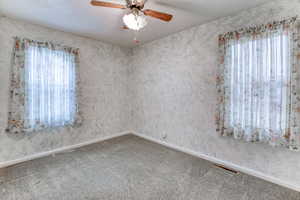 Unfurnished room featuring ceiling fan, plenty of natural light, a textured ceiling, and carpet flooring