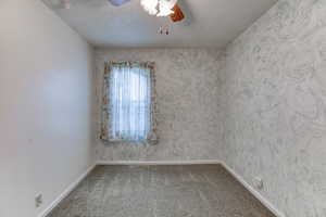 Carpeted spare room with ceiling fan and a textured ceiling