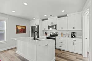 Kitchen with white cabinetry, stainless steel appliances, sink, and an island with sink