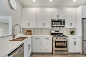 Kitchen featuring stainless steel appliances, white cabinetry, sink, and tasteful backsplash