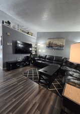 Living room with wood style flooring and a textured ceiling