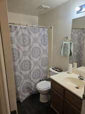 Bathroom featuring vanity, hardwood / wood-style floors, toilet, and a textured ceiling