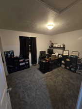 Office space featuring carpet flooring and a textured ceiling