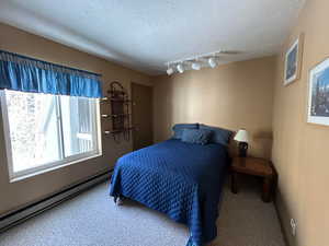 Bedroom featuring track lighting, baseboard heating and a door which leads to the back of the property