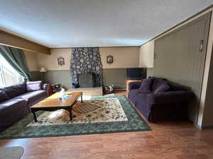 Living room featuring a fireplace, baseboard heating and a murphy bed