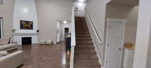 Staircase with a high ceiling and wood-type flooring