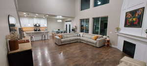 Living room featuring dark wood-type flooring and a high ceiling