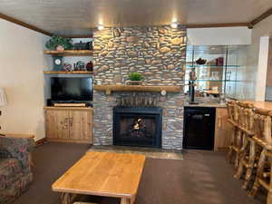 Living room featuring a fireplace and wet bar