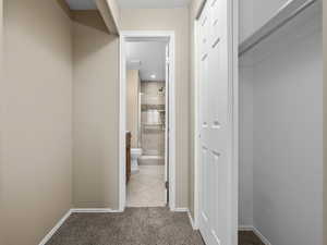 Hallway featuring light colored carpet