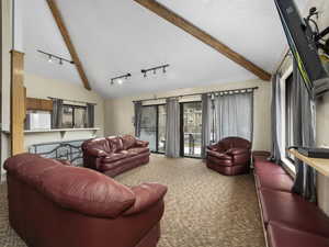 Living room featuring rail lighting, lofted ceiling with beams, and dark colored carpet