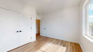 Unfurnished bedroom with multiple windows, light hardwood / wood-style flooring, and a closet