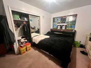 Bedroom featuring a closet, carpet floors, and a textured ceiling