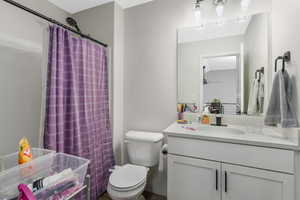 Bathroom featuring vanity, curtained shower, and toilet