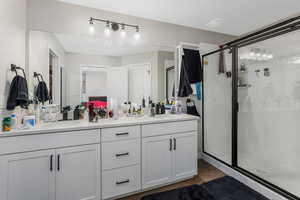 Bathroom with vanity, hardwood / wood-style floors, and a shower with door