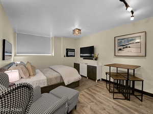 Bedroom featuring light hardwood / wood-style floors and rail lighting