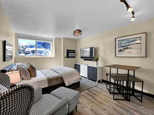 Bedroom with track lighting and hardwood / wood-style floors