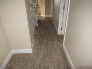 Hall with dark colored carpet