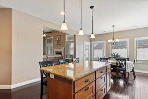 Kitchen featuring a kitchen breakfast bar, a kitchen island, and pendant lighting