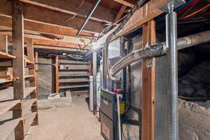 Basement with water heater, HVAC, and storage