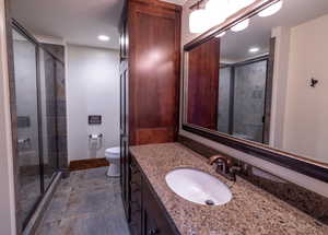 Bathroom with vanity, toilet, and a shower with shower door