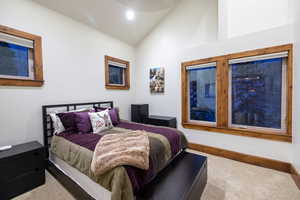 Carpeted bedroom with lofted ceiling