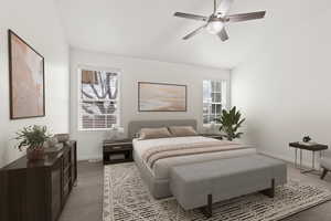 Bedroom featuring baseboards, light carpet, lofted ceiling, and a ceiling fan