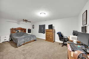 Bedroom featuring ceiling fan, carpet floors, and a textured ceiling