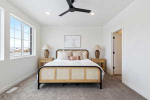 Carpeted bedroom with ceiling fan