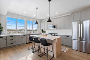 Kitchen featuring gray cabinetry, a center island, light hardwood / wood-style floors, appliances with stainless steel finishes, and pendant lighting